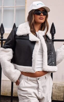 Prettylittlething Black Statement Borg Trim Faux Leather Aviator Jacket Black