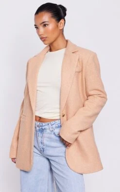 Prettylittlething Camel Double Breasted Boucle Borg Blazer Camel