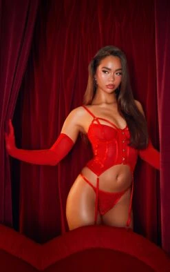 Prettylittlething Red Hook And Eye Corset Suspender And Gloves Lingerie Set Red