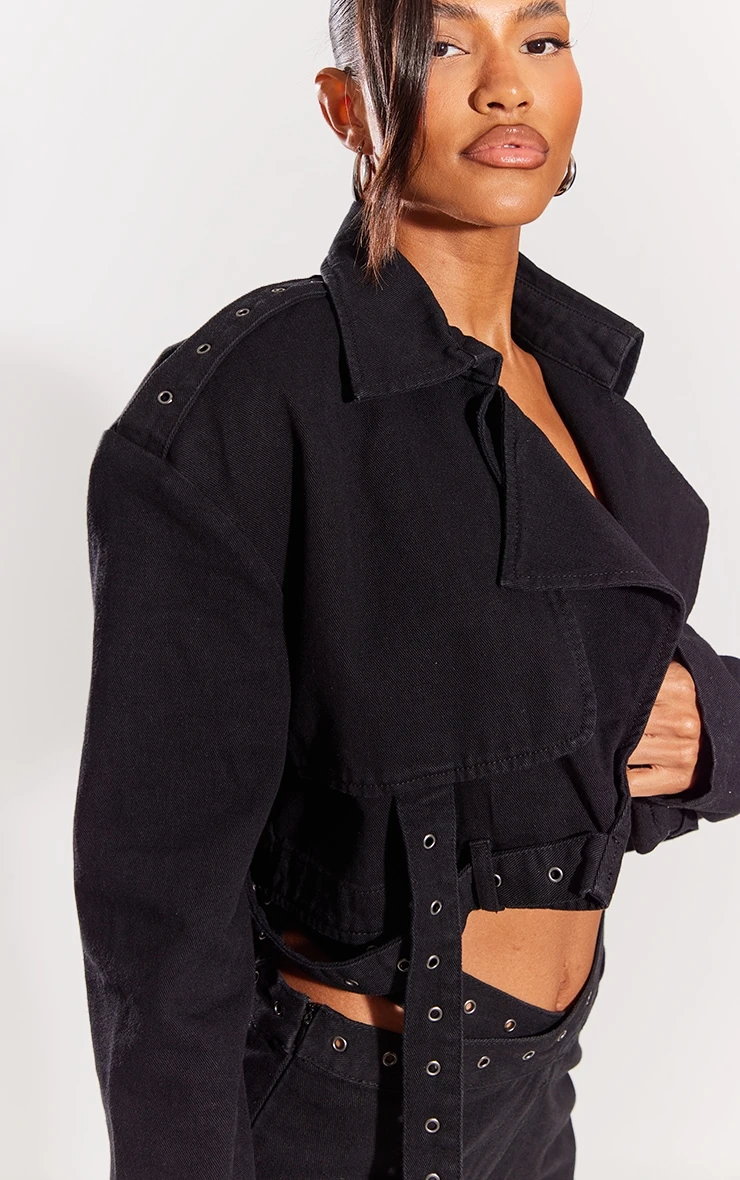 Prettylittlething Black Eyelet Detail Crop Jacket Black 4 Prettylittlething Black Eyelet Detail Crop Jacket Black - Image 4