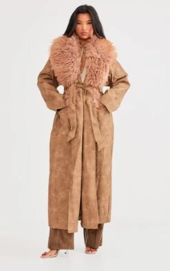 Prettylittlething Brown Faux Shaggy Fur Distressed Faux Leather Belted Coat Brown