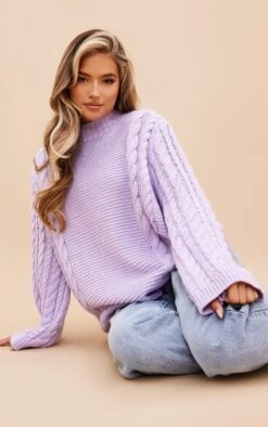 Prettylittlething Lilac Extreme Sleeve Cable Knit Oversized Sweater Lilac