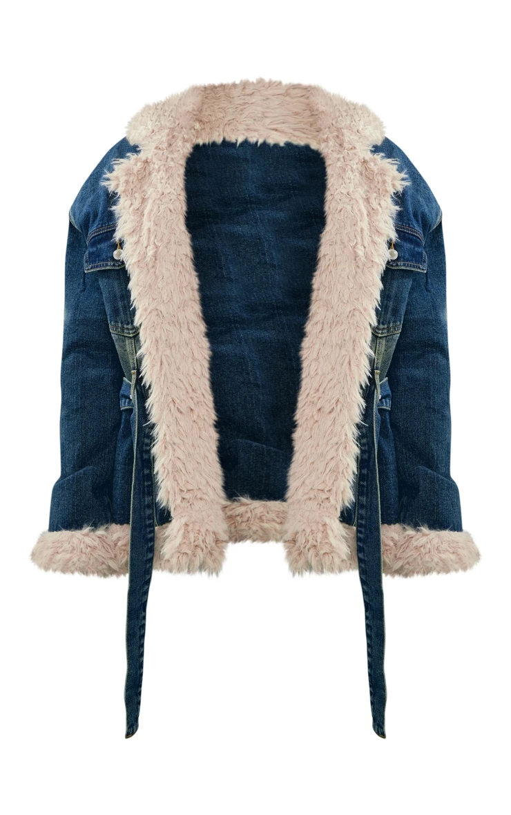 Prettylittlething Indigo Vintage Wash Borg Contrast Tie Waist Denim Jacket Indigo Vintage Wash 5 Prettylittlething Indigo Vintage Wash Borg Contrast Tie Waist Denim Jacket Indigo Vintage Wash - Image 5