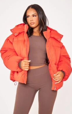 Prettylittlething Tomato Red Peached Oversized Hooded Puffer Coat Tomato Red