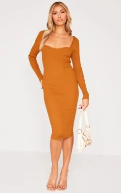 Prettylittlething Rust Long Sleeve Sweetheart Neck Midi Knit Dress Rust
