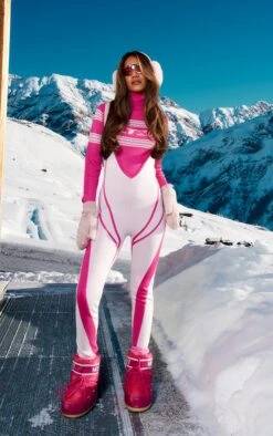 PRETTYLITTLETHING Baby Pink Binding Knit Ski Base Layer Unitard Baby Pink