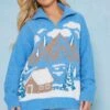 Prettylittlething Blue Mountain Jacquard Towel Knit Zip Up Sweater Blue