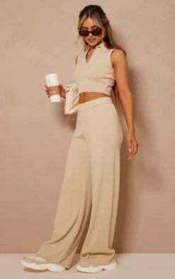 Prettylittlething Oatmeal Knit Wide Leg Pants Oatmeal