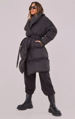 Prettylittlething Black Oversized Collar Belted Longline Puffer Black