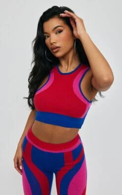 Prettylittlething Red Color Block Racer Neck Knit Top Red