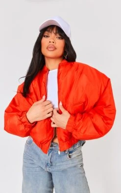 Prettylittlething Red Oversized Bomber Jacket Red