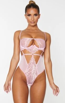 Prettylittlething Baby Pink Underwired Cut Out Lace Body Baby Pink