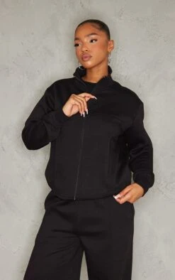 Prettylittlething Black Seam Detail Zip Through Track Top Black