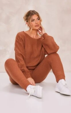 Prettylittlething Rust Knitted Waffle Lounge Set Rust