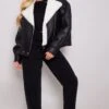 Prettylittlething Black Borg Lined Biker Detail Aviator Jacket Black