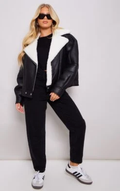 Prettylittlething Black Borg Lined Biker Detail Aviator Jacket Black