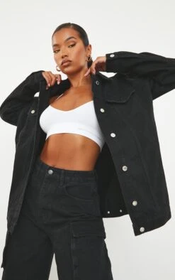 Prettylittlething Black Basic Oversized Boyfriend Denim Jacket Black