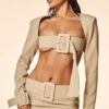Prettylittlething PLT Label Oatmeal Belt Detail Cropped Blazer Oatmeal