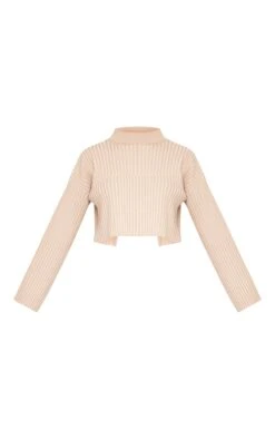 Prettylittlething Taupe Two Tone Thick Rib Knit Open Back High Neck Sweater Taupe -Prettylittlething 77189abceb48e7ffedbde22b42a0804f132eaaed cng9904 5
