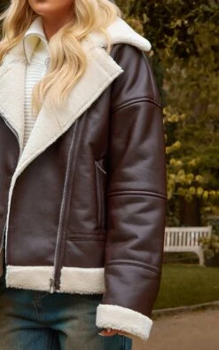 Prettylittlething Chocolate Faux Leather Borg Lined Biker Detail Aviator Jacket Chocolate -Prettylittlething 773185197de40a1049a77e6e68001ec2157c26d9 cnf1357 4