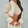 Prettylittlething Sand Faux Fur Trim Cropped Denim Jacket Sand