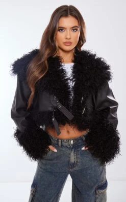 Prettylittlething Black Textured Look Faux Mongolian Fur Faux Leather Jacket Black