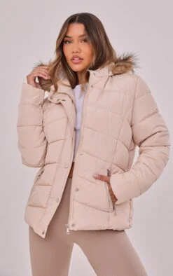 Prettylittlething Stone Quilted Mara Faux Fur Hooded Puffer Jacket Stone