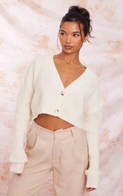 Prettylittlething Cream Button Up Cropped Knit Cardi Cream