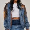 Prettylittlething Mid Blue Wash Denim Faux Leather Mix Badge Detail Bomber Jacket Mid Blue Wash