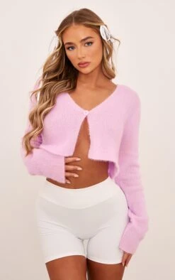Prettylittlething Baby Pink Candyfloss Knit Button Cropped Sweater Baby Pink