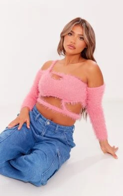 Prettylittlething Pink Eyelash Knit Cut Out Long Sleeve Top Pink