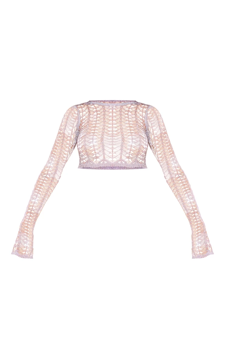 Prettylittlething Silver Metallic Open Knit Long Sleeve Crop Top Silver 5 Prettylittlething Silver Metallic Open Knit Long Sleeve Crop Top Silver - Image 5