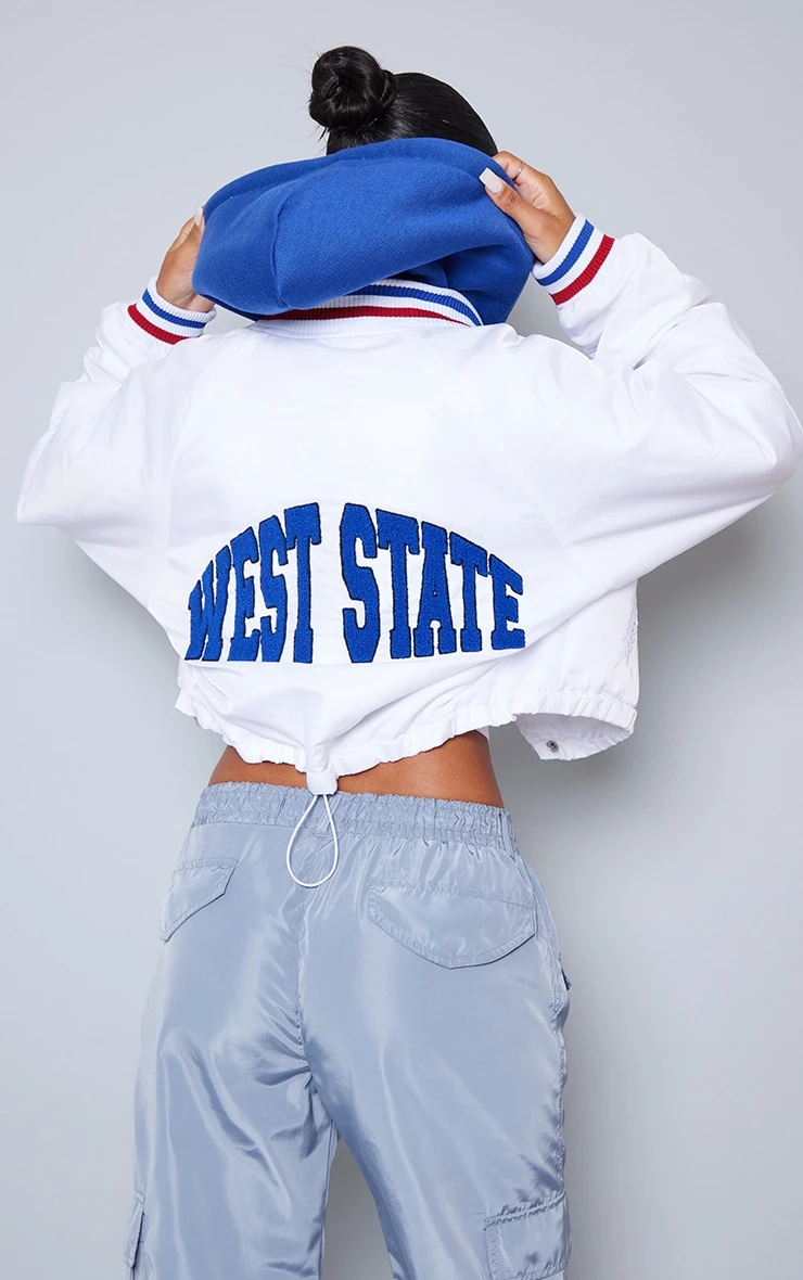 Prettylittlething White Contrast Jersey Hooded Cropped Nylon Bomber Jacket White 4 Prettylittlething White Contrast Jersey Hooded Cropped Nylon Bomber Jacket White - Image 4