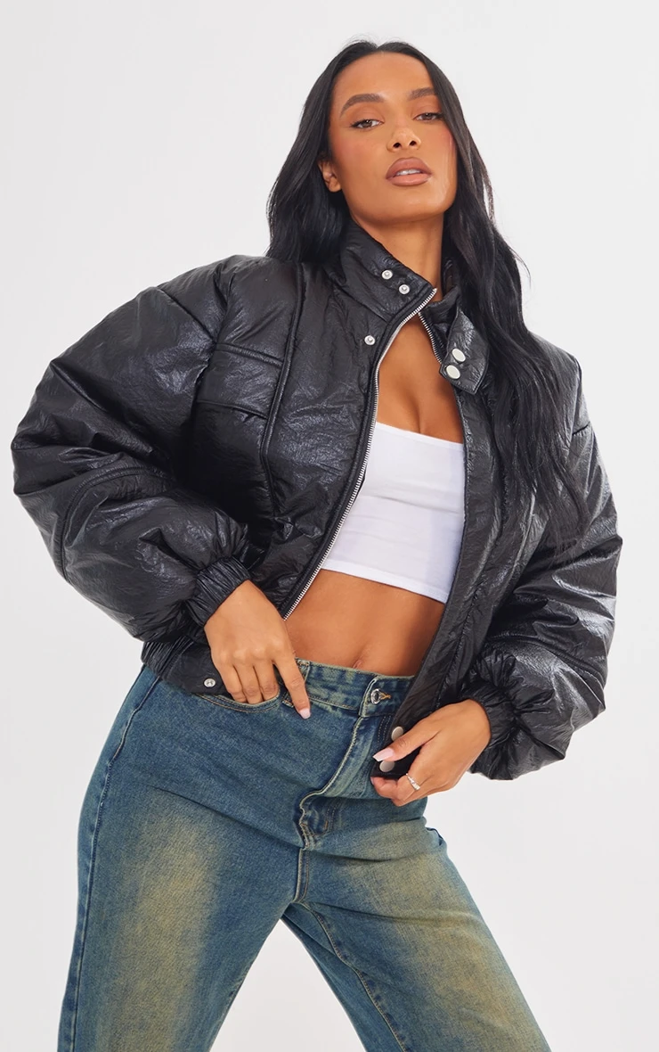 Prettylittlething Black Crinkle Look High Shine Puffer Jacket Black 3 Prettylittlething Black Crinkle Look High Shine Puffer Jacket Black - Image 3