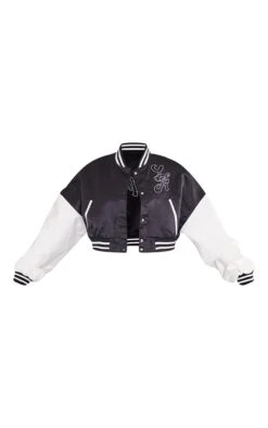 Prettylittlething Black Stripe Trim Contrast Sleeve Satin Cropped Varsity Bomber Jacket Black -Prettylittlething 7d745775ee5b79e087009c619a7d2f7e3f61291a cmv4991 5
