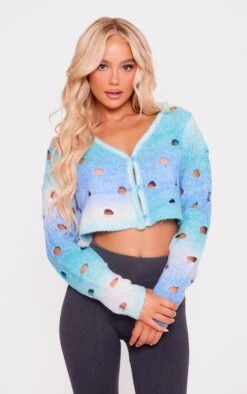 Prettylittlething Blue Ombre Open Knit Cardi Blue