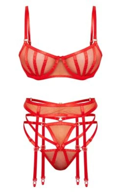 Prettylittlething Red Underwired Binding Mesh 3 Piece Lingerie Set Red -Prettylittlething 7e4b470b3a0bd5f7a317be1f5bed66dff1bcda9f cmp8824 5