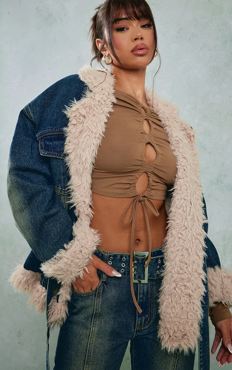 Prettylittlething Indigo Vintage Wash Borg Contrast Tie Waist Denim Jacket Indigo Vintage Wash 4 Prettylittlething Indigo Vintage Wash Borg Contrast Tie Waist Denim Jacket Indigo Vintage Wash - Image 4