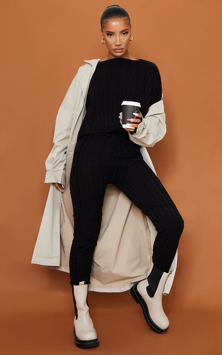 Prettylittlething Black Cable Knit Jumper & Legging Set Black 3 Prettylittlething Black Cable Knit Jumper & Legging Set Black - Image 3