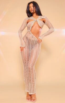 Prettylittlething Gold Open Knit Glitter Long Sleeve Maxi Dress Gold