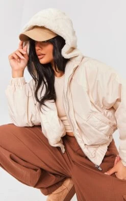 Prettylittlething Cream Faux Fur Oversized Bomber Cream