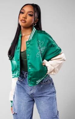 Prettylittlething Green Stripe Trim Contrast Sleeve Satin Cropped Varsity Bomber Jacket Green