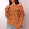 Prettylittlething Tan Cable Knit Fringing Detail Fold Over Sweater Tan