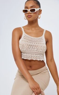 Prettylittlething Oatmeal Contrast Crochet Crop Top Oatmeal