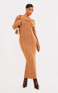 Prettylittlething Brown Cable Fold Over Maxi Knit Dress Brown