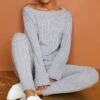 Prettylittlething Grey Bardot Sweater And Legging Lounge Set Grey