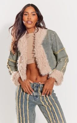 Prettylittlething Indigo Vintage Wash Fur Collar Denim Jacket Indigo Vintage Wash