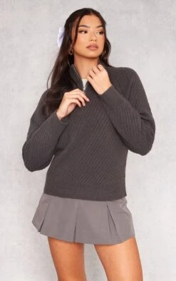 Prettylittlething Charcoal Grey Ripple Knit Half Zip Sweater Charcoal Grey