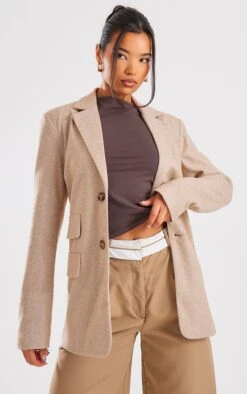 Prettylittlething Latte Herringbone Detail Tailored Blazer Latte