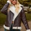 Prettylittlething Chocolate Faux Leather Borg Lined Biker Detail Aviator Jacket Chocolate